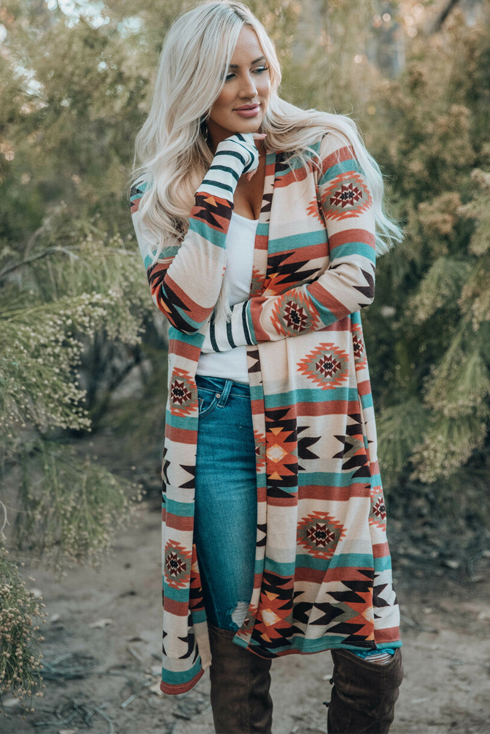 Aztec Print Open Front Long Cardigan