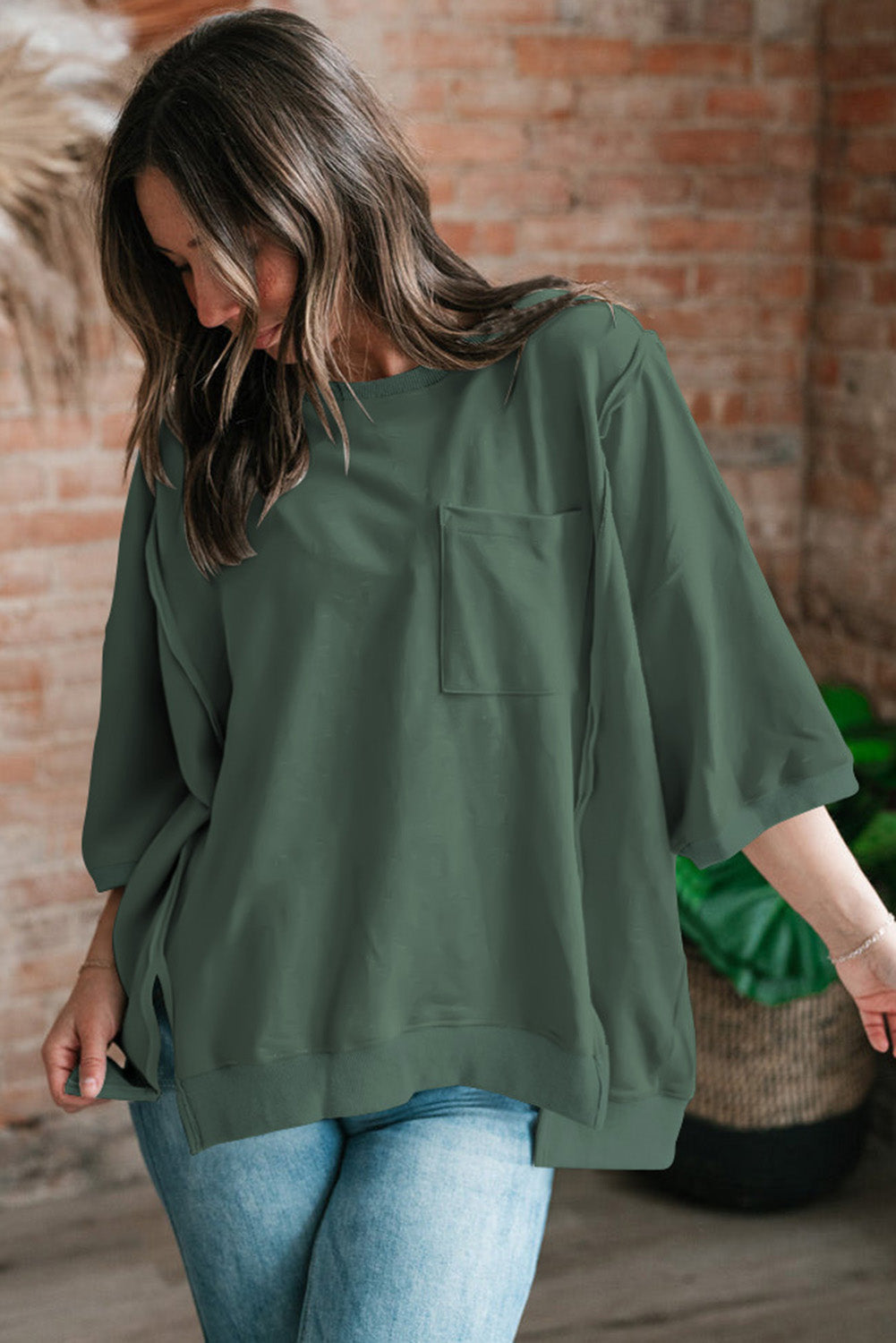 Light Grey Exposed Seam Chest Pocket Split Loose T Shirt