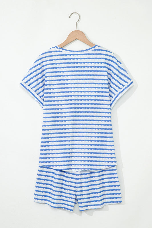 Black Stripe Knitted Short Sleeve Top and Drawstring Shorts Set