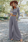 Gray Solid Color Ribbed Crop Top Long Pants Set