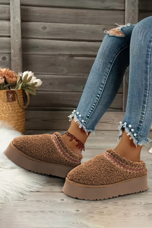 Chestnut Embroidered Sherpa Plush Thick Sole Shoes