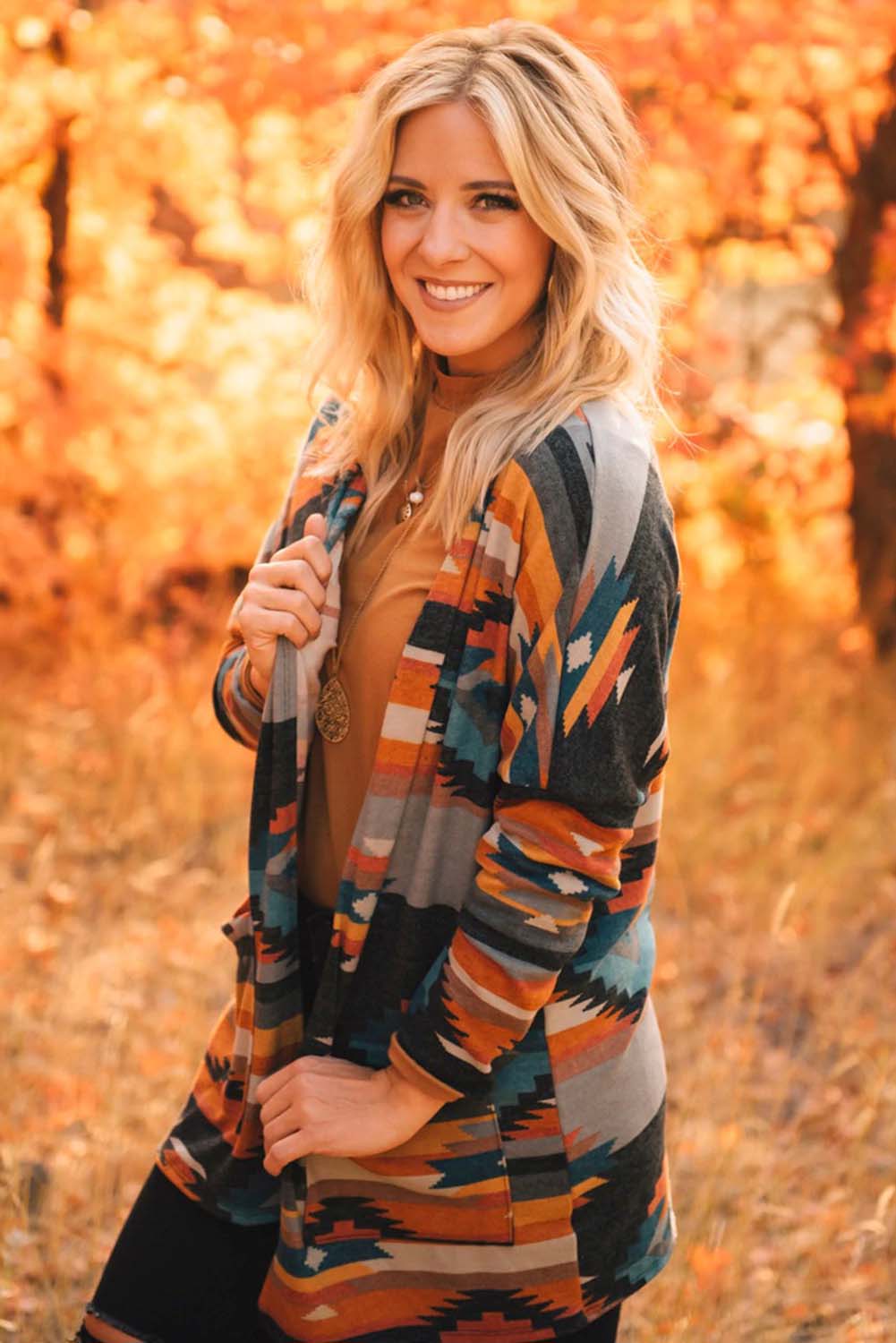 Orange Western Tribal Aztec Print Cardigan