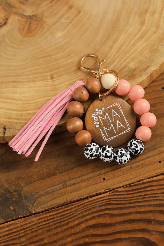 Pink MAMA Wood Pendant Leopard Fringe Keychain