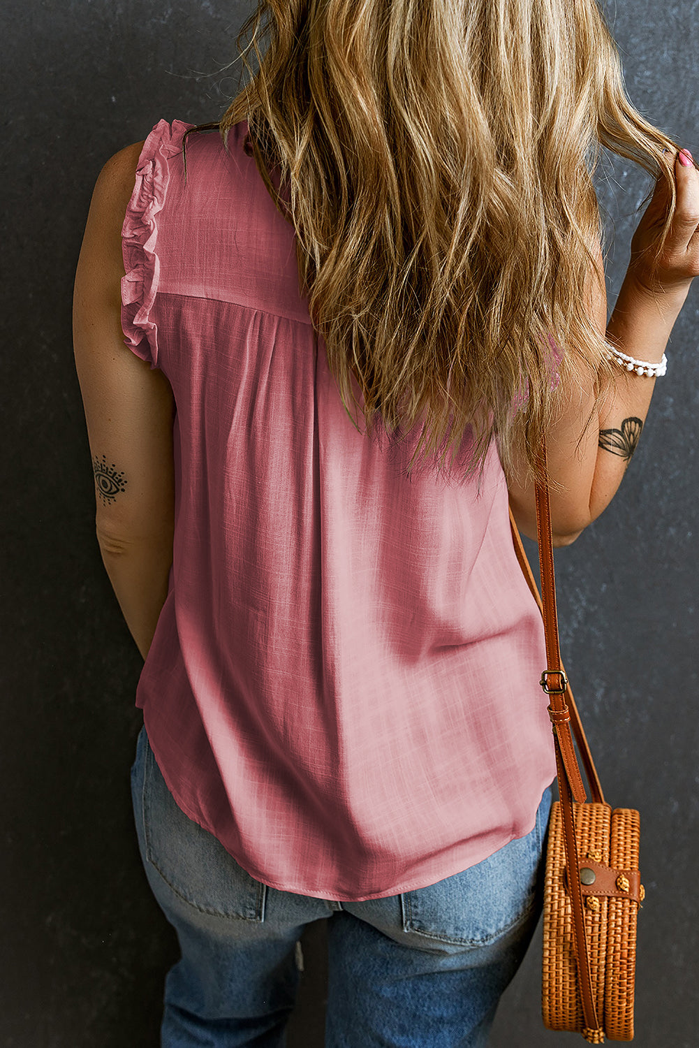 Black Button Split Neck Ruffled Trim Tank Top