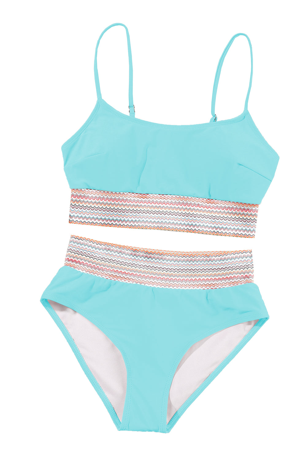 Sky Blue Striped Spaghetti Strap High Waist Bikini Swimsuit