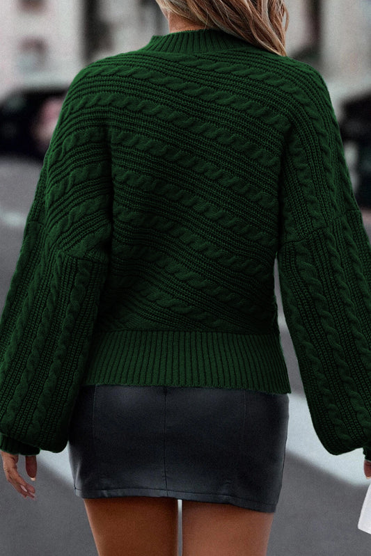 Green Mock Neck Lantern Sleeve Cable Knit Sweater