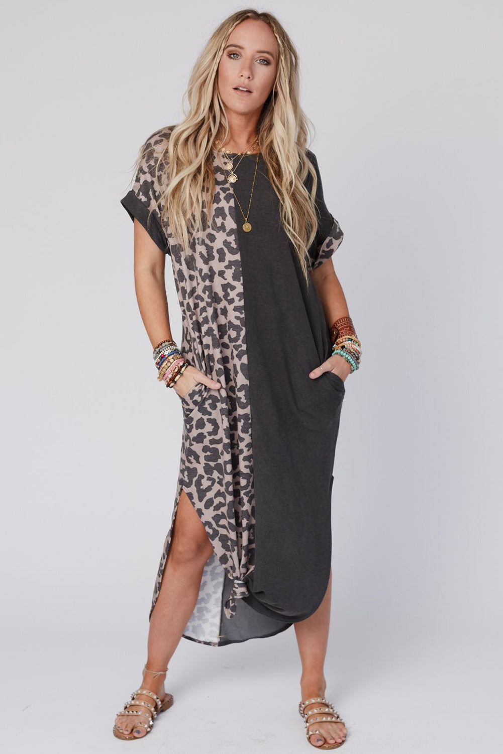 Black Contrast Leopard Short Sleeve T-shirt Dress with Slits