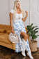 Sky Blue Boho Floral High Waist Ruffle Split Maxi Skirt