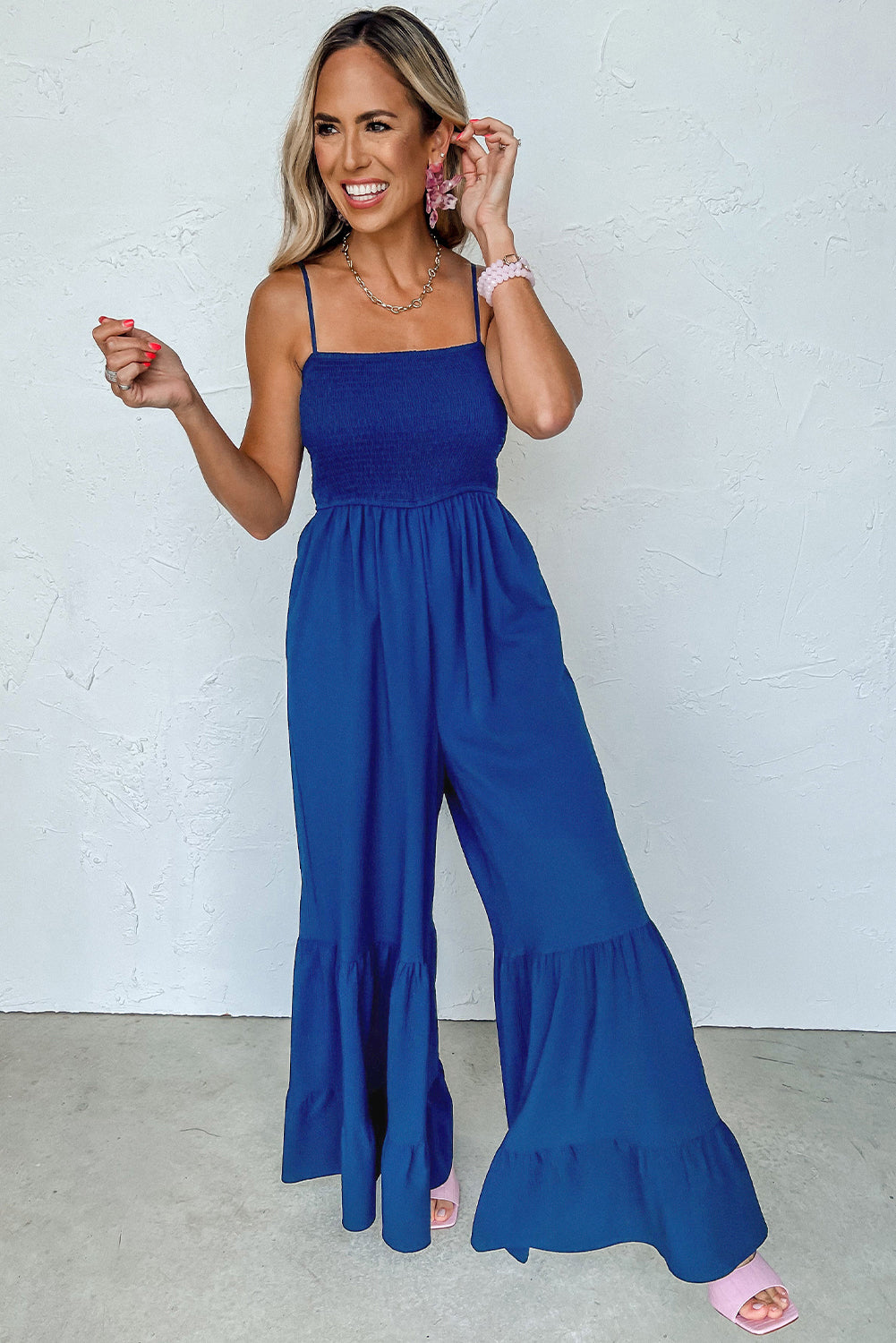 Blue Spaghetti Strap Smocked Ruffled Wide Leg Jumpsuit