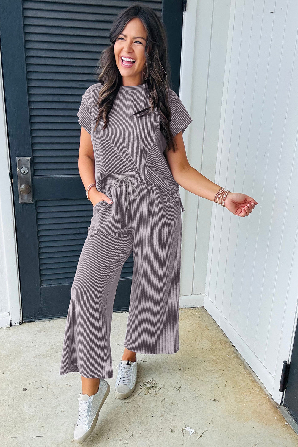 Smoke Gray Solid Corded Knit Short Sleeve T Shirt and Wide Leg Pants Set