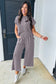 Smoke Gray Solid Corded Knit Short Sleeve T Shirt and Wide Leg Pants Set