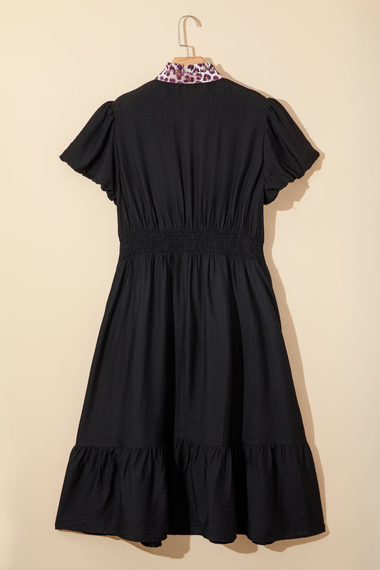Black Leopard V Neck Patchwork Smocked Waist Plus Size Ruffled Dress