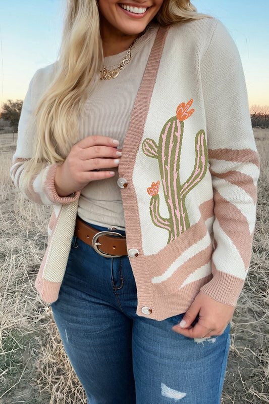 Apricot Western Desert Cactus Print Plus Size Button Cardigan Sweater