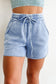 Sea Green Mineral Washed Drawstring Elastic Waist Raw Cut Shorts