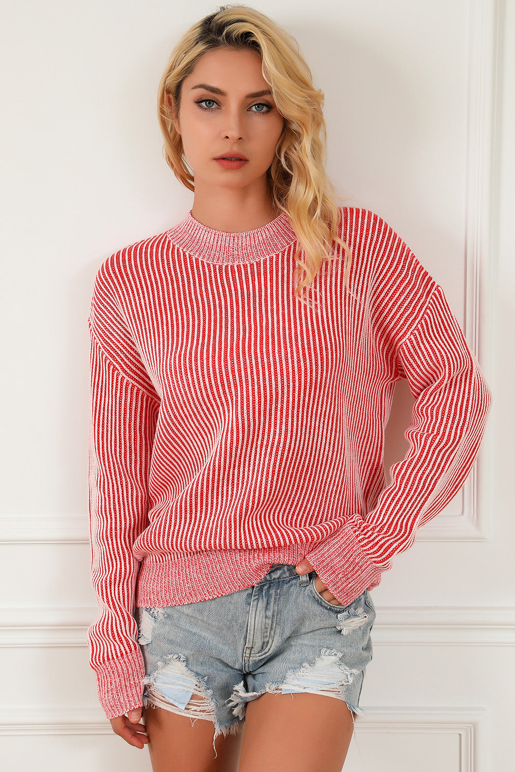 Striped Print Ribbed Trim Round Neck Sweater