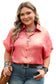 Rose Red Plus Size Metallic Sheen Short Sleeve Button Up Shirt