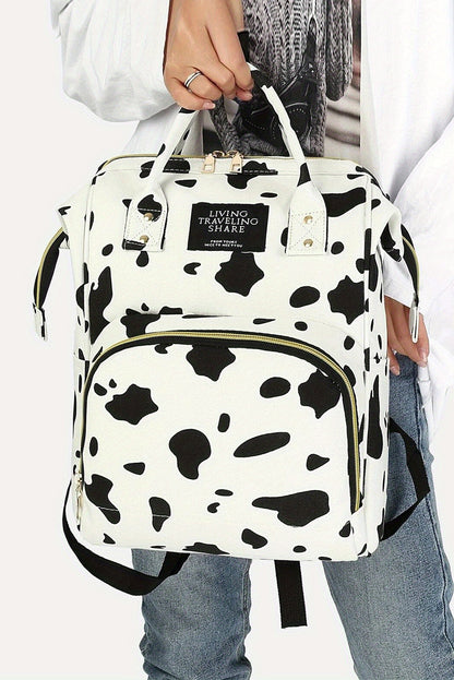 White Cow Print Multi Pocket Canvas Backpack