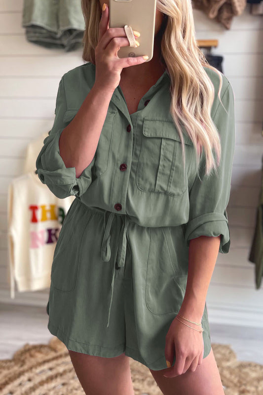 Jungle Green Roll up Sleeve Drawstring Playsuit