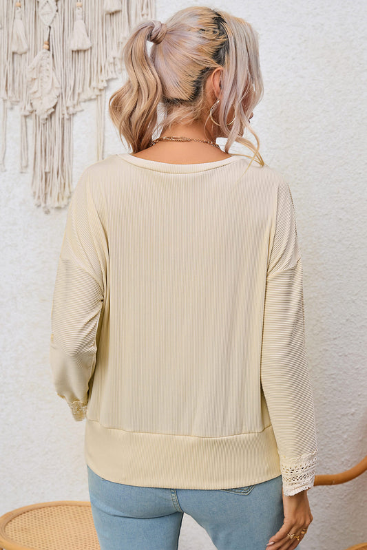 Lace Trim Apricot V Neck Long Sleeve Top