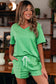 Mint Green V Neck Drop Shoulder Tee and Patchwork Drawstring Shorts Set