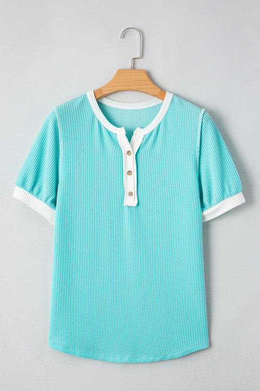Turquoise Corded Colorblock Buttons Henley T Shirt