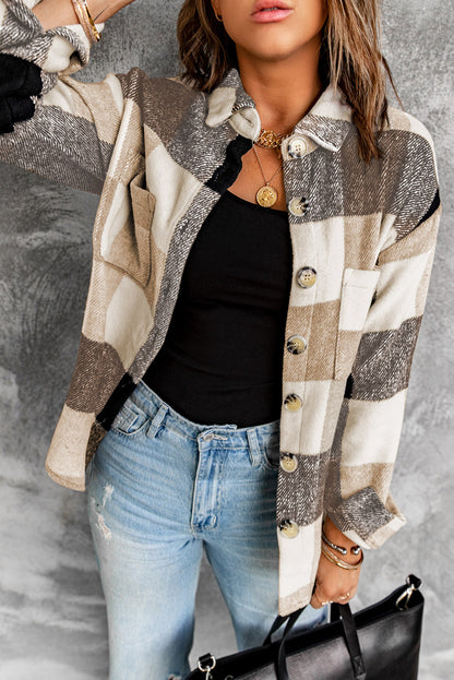 Plaid Khaki Buttoned Long Sleeve Jacket