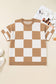Light French Beige Plus Size Checkered Pattern Knit Short Sleeve Sweater