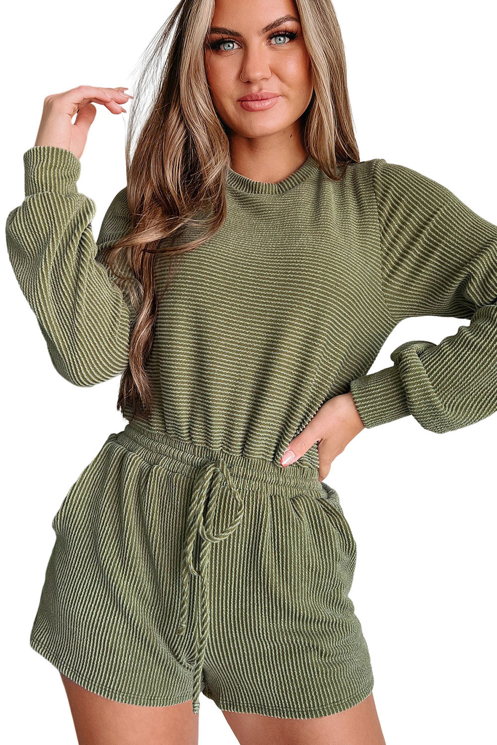 Jungle Green Corded Long Sleeve Drawstring Romper