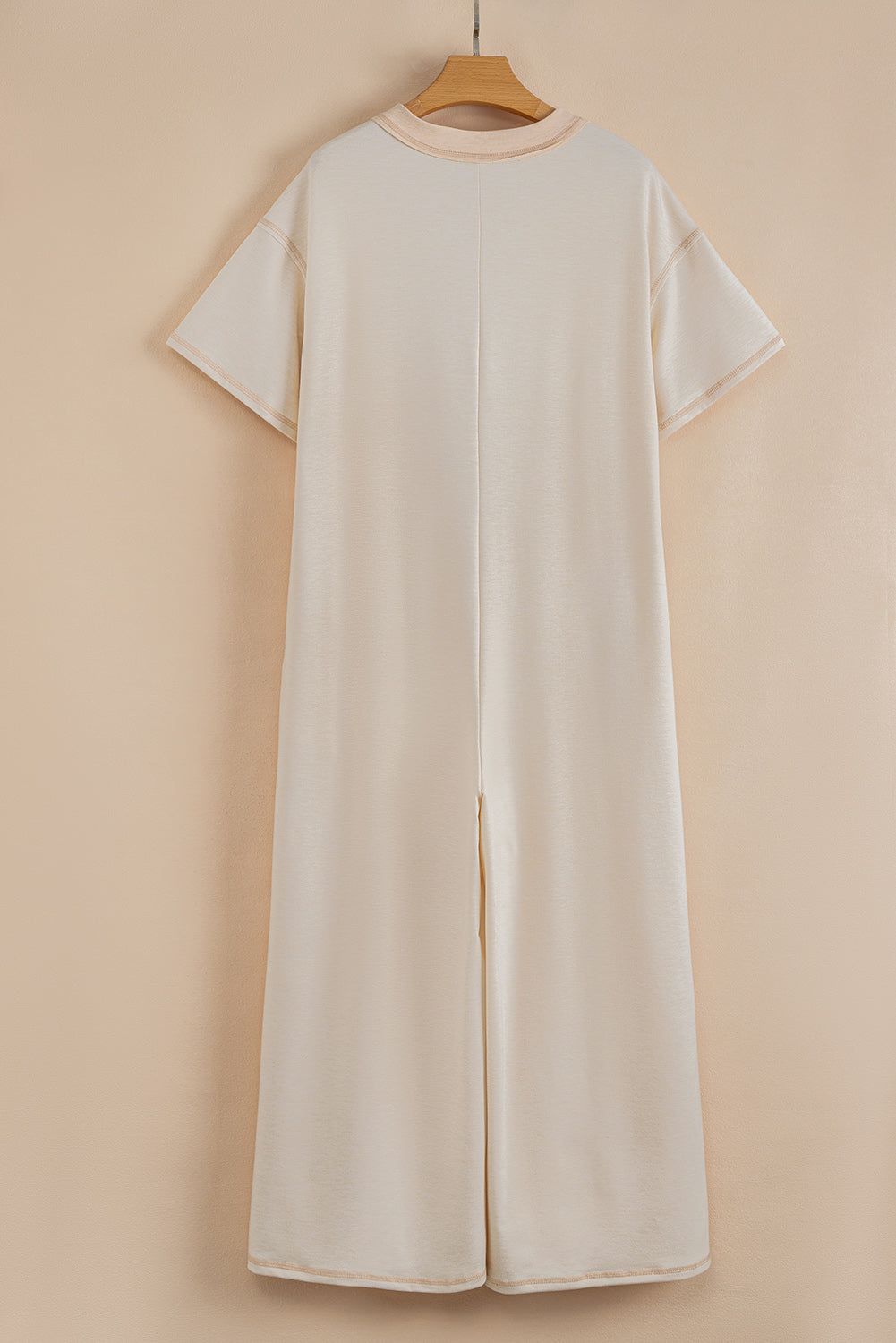 Beige Half Placket Chest Pockets Short Sleeve Wide Leg Jumpsuit