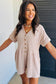 Parchment Spiral Ribbed Short Sleeve V Neck Buttoned Romper with Pocket