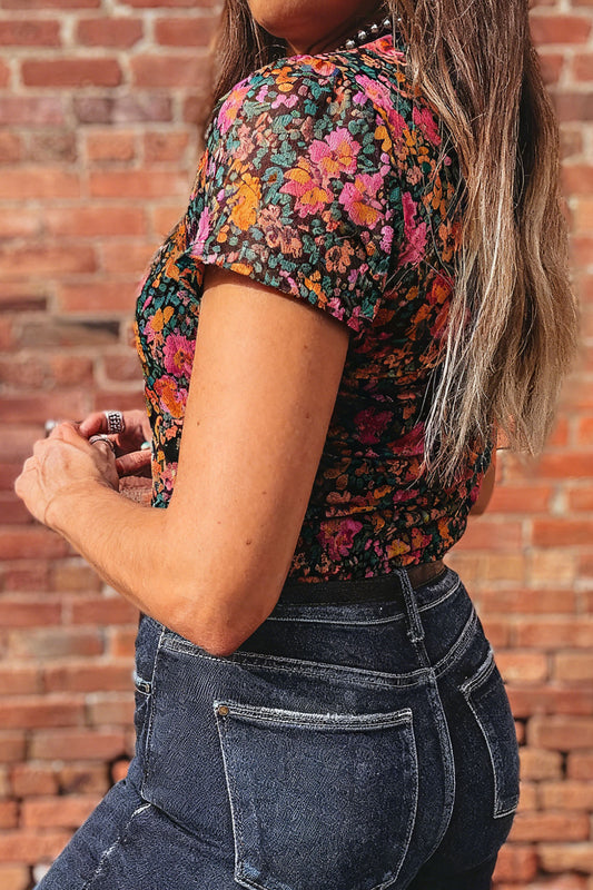 Rose Retro Floral Printed Mesh Short Sleeve Top