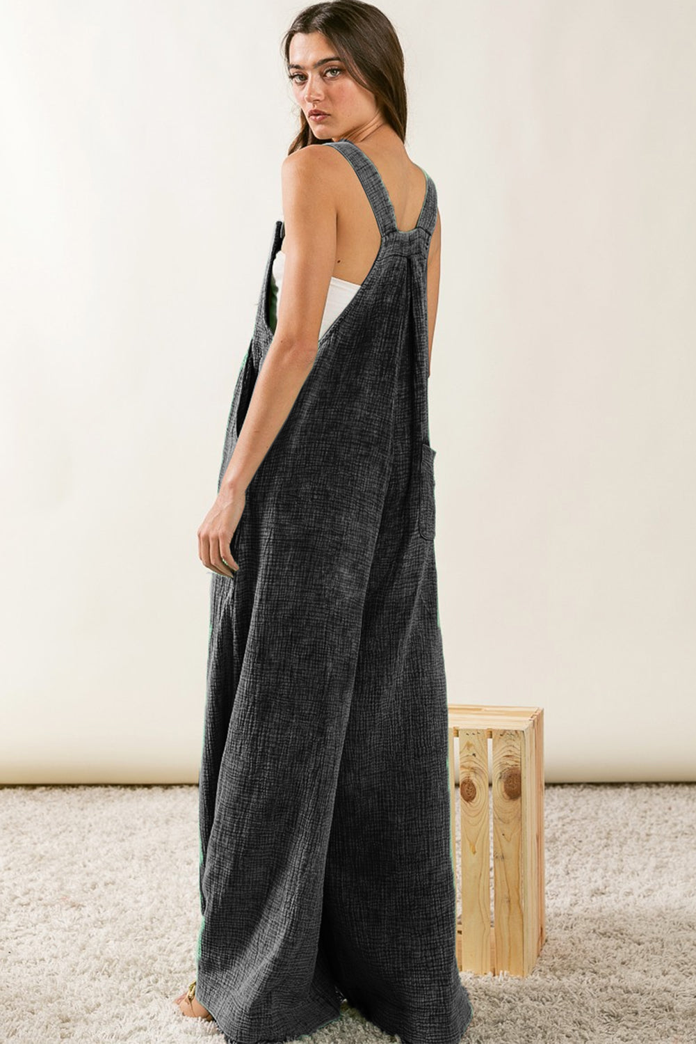 Black Textured Wide Leg Overalls