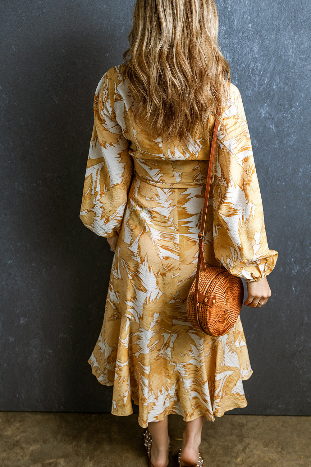 V Neck Wrap Lace up Bubble Sleeve Yellow Floral Dress