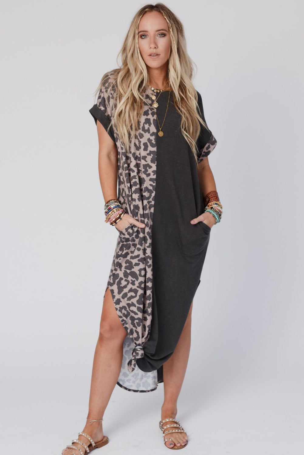 Black Contrast Leopard Short Sleeve T-shirt Dress with Slits