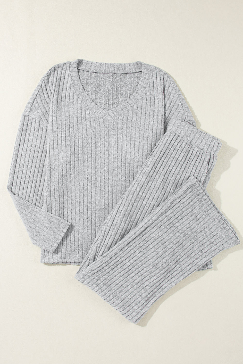 Light Grey Ribbed Knit V Neck Slouchy 2pc Outfit