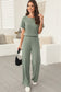 Black Ribbed Keyhole Short Sleeve Wide Leg Jumpsuit