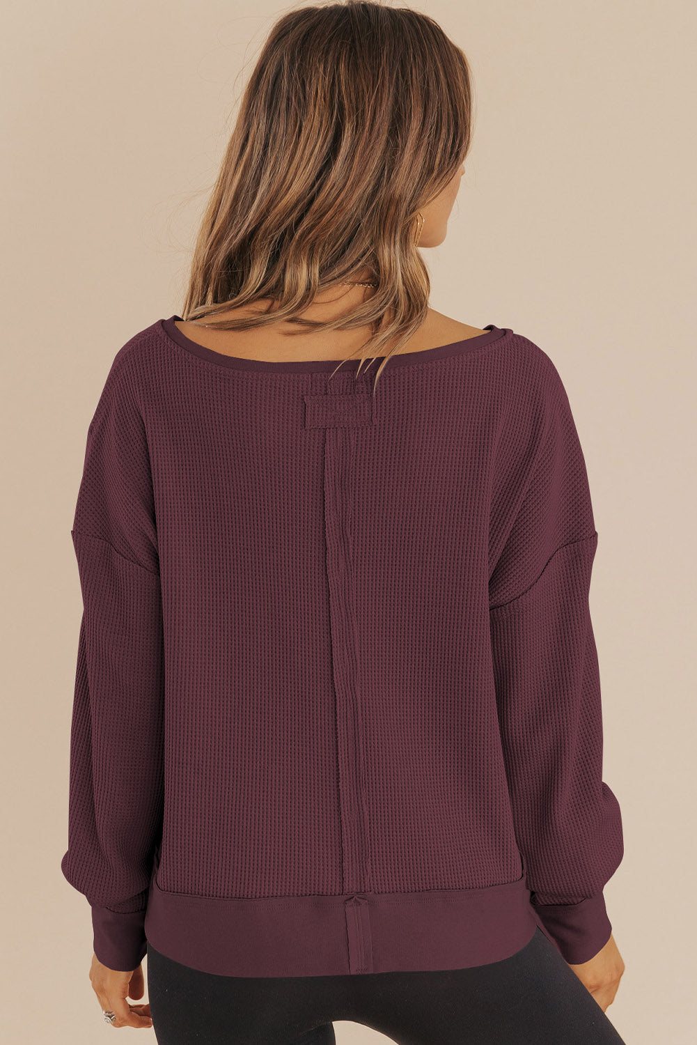 Black Waffle Knit Notched V Neck Drop Shoulder Solid Sweatshirt