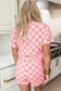 Pink Checkered V Neck Tee Drawstring Shorts Lounge Set