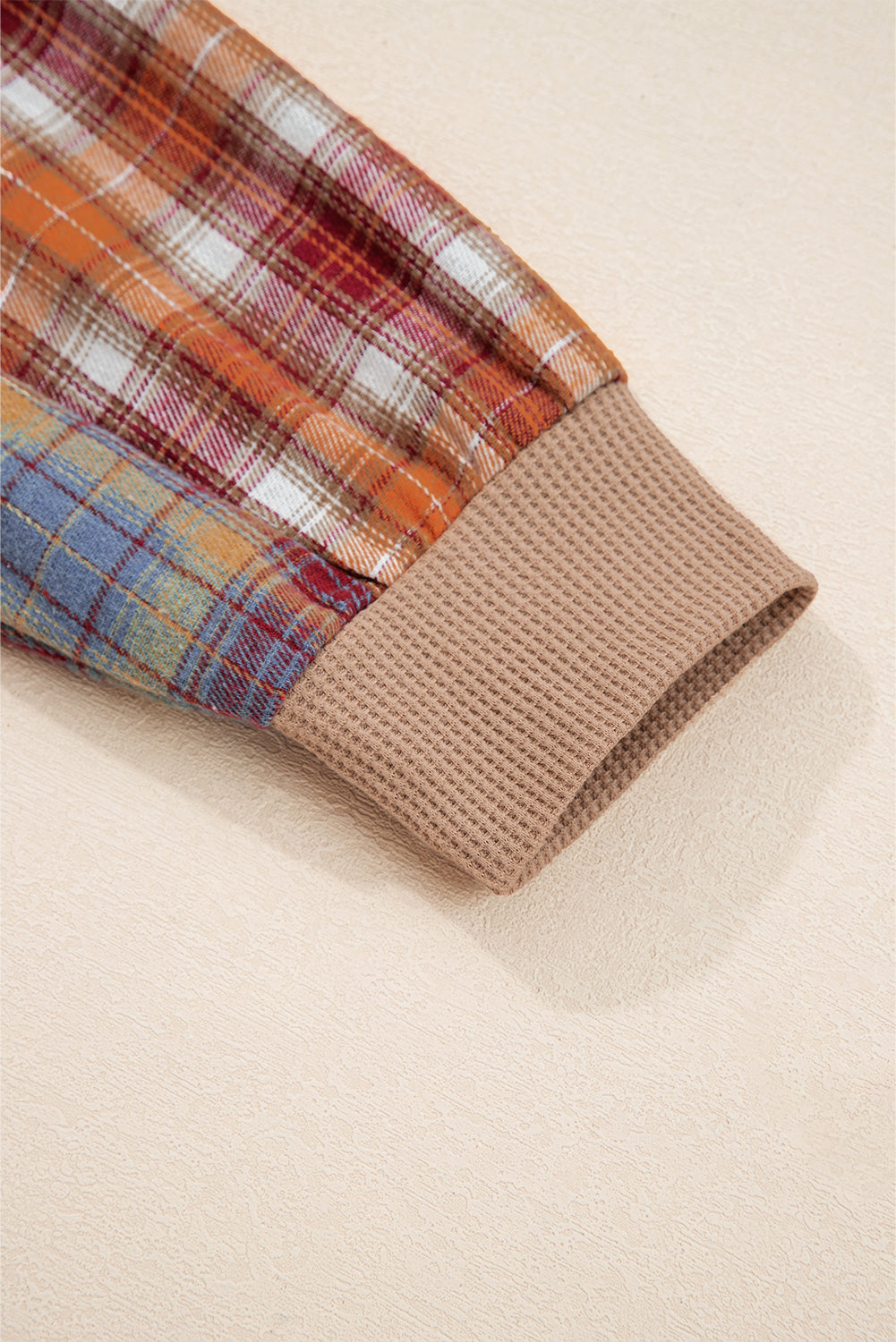 Beige Waffle Stripe Plaid Patchwork Henley Knit Top