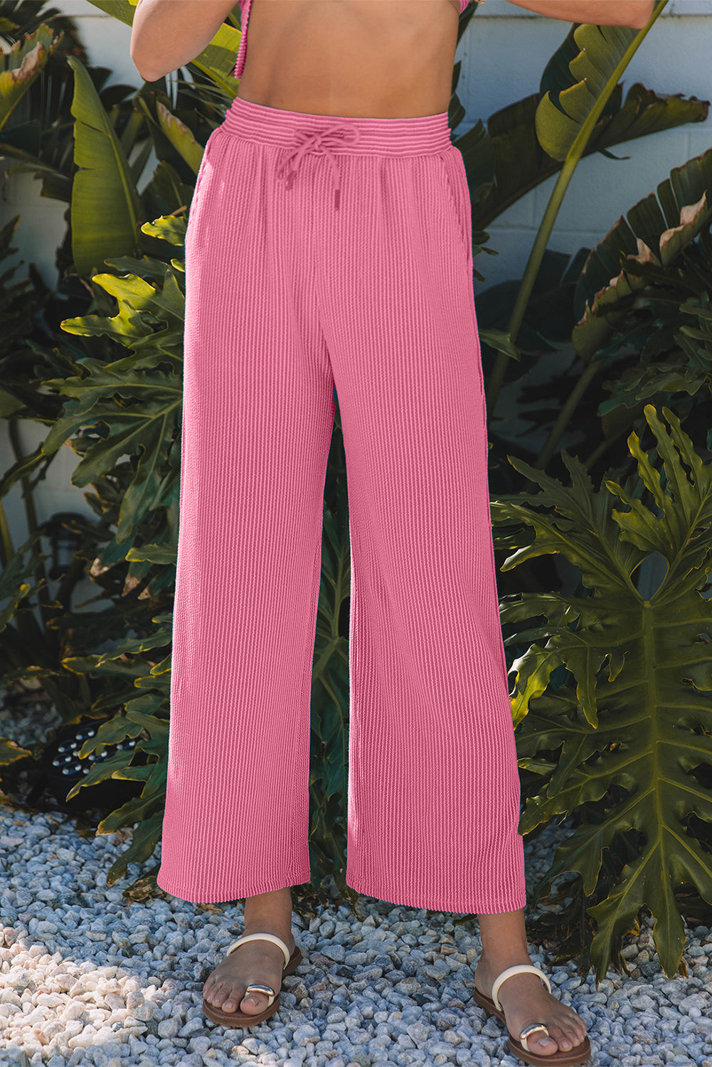 Smoke Gray Solid Corded Knit Short Sleeve T Shirt and Wide Leg Pants Set