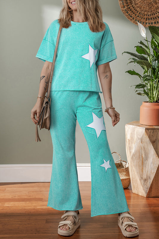 Ashleigh Blue Acid Wash Star Patched Rolled Trim Pants Set