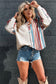 Beige Striped Waffle Patchwork Exposed Seam Raw Edge Casual Knit Top