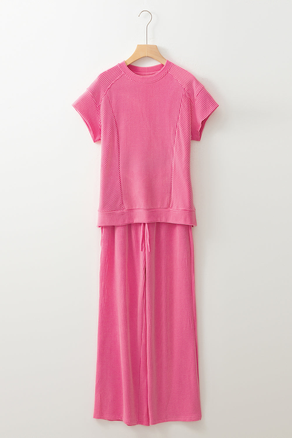 Smoke Gray Solid Corded Knit Short Sleeve T Shirt and Wide Leg Pants Set