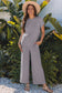 Smoke Gray Solid Corded Knit Short Sleeve T Shirt and Wide Leg Pants Set