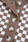 Dark Brown Half Button Ribbed Trim Checkerboard Knit Sweater