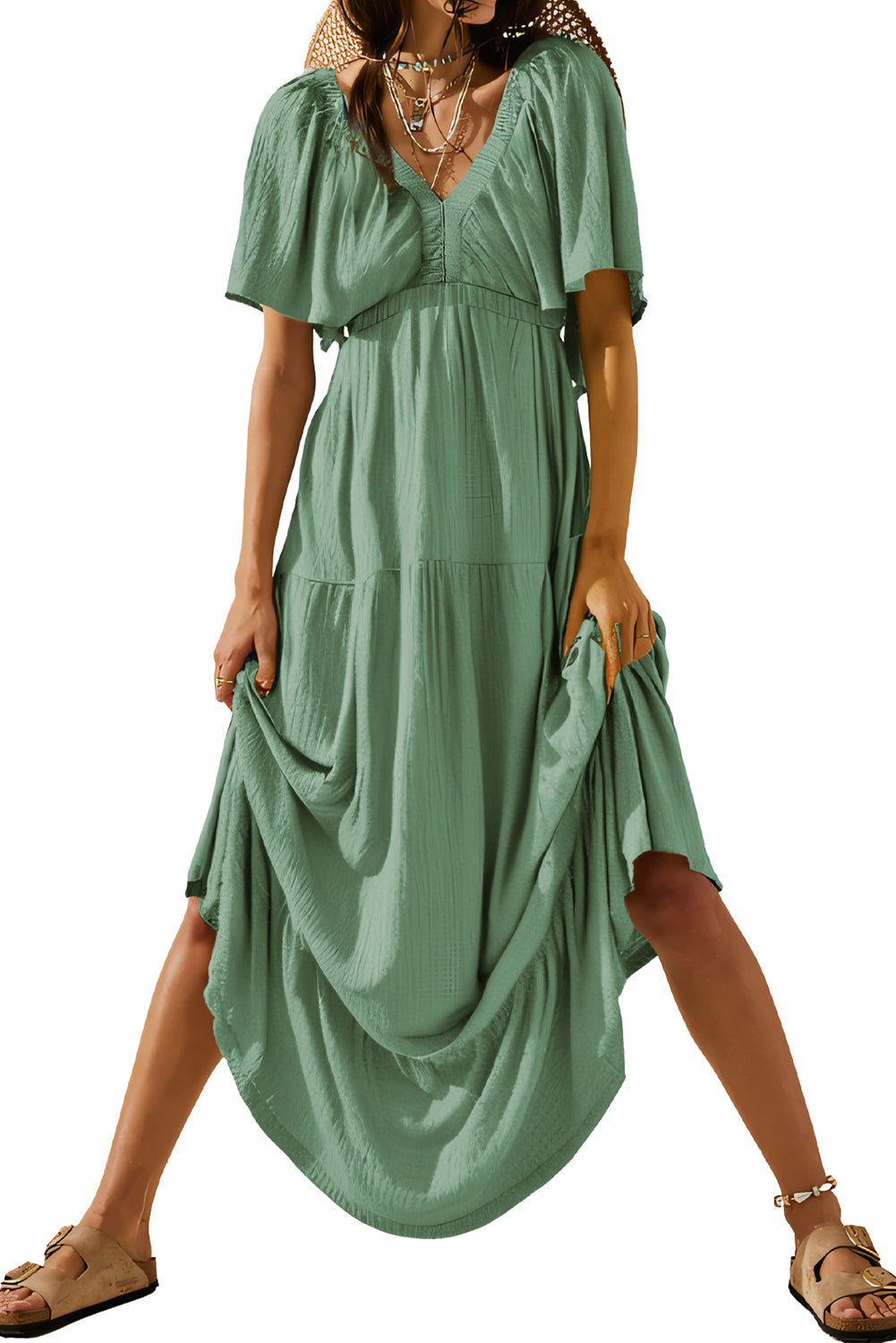 Textured V Neck Flutter Sleeve Ruffled Maxi Dress