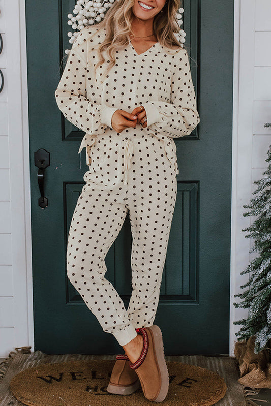 White Polka Dot Print Notched Neck Long Sleeve Top Drawstring Jogger Pants Waffle Knit Lounge Set