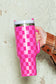 Bright Pink Checkered Print Handled Stainless Steel Tumbler Cup 40oz