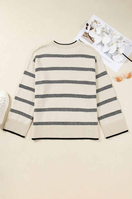Apricot Stripe Wide Sleeve Drop Shoulder Crew Neck Plus Sweater