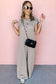 Khaki Checkered Print Buttoned Crew Neck Wide Leg Jumpsuit